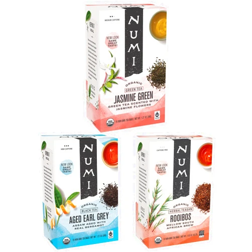 Numi Organic Tea Variety Pack, 18 Count Box of Tea Bags (Pack of 3), Jasmine Green, Aged Earl Grey & Rooibos Teas (Packaging May Vary)