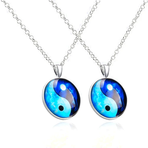 SaiDian 2 Pcs Fashion Yin Yang Necklaces Glass Pendant Dragon Moon Pattern Chakra Pendants Silver Cabochon Glass Necklace Sweater Long Chain
