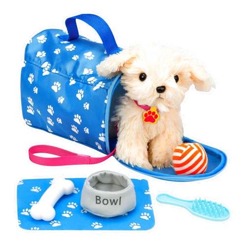 Bundaloo Plush Puppy Dog Playset and Carrier for Toddlers - Accessories Includes Leash, Food Bowl, Brush, Toy Ball, Toy Bone, Bed, and Blanket for 18