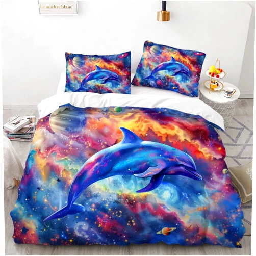 BAFABUI Dolphin Duvet Cover Queen Size, 3D Sealife Decorative 3 Piece Bedding Set with 2 Pillow Shams, Colorful Starry Sky Comforter Cover Duvet Cover Set for All Seasons, Galaxy Fantasy