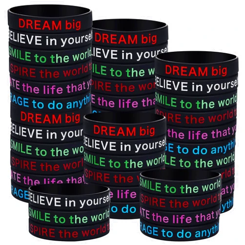 BBTO 48 Pcs Motivational Quote Rubber Bracelets Colored Inspirational Silicone Wristbands Stretch Bracelets for Men Women Black History Month Teacher Office Party Favor Gifts(Black)