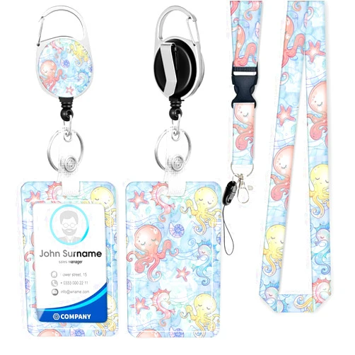 Suogkeale Octopus Seahorse Lanyard with Id Holder, Retractable Lanyards for Id Badges for Women Cute, Heavy Duty Carabiner Clip, Vertical Id Badge Holder with Lanyard Breakaway for Teacher Student Nurse Office