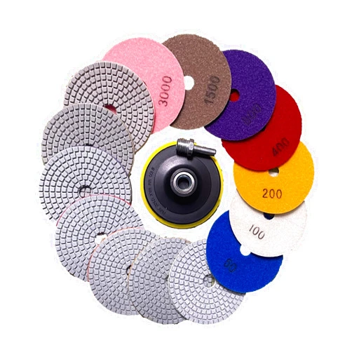 GLSMSLP Wet/Dry Quartz Polishing Kit, 9-Piece Diamond Polishing Pads Set, Granite, Stone, Concrete, Marble, Tile Polishing Pads for Grinder, 4-Inch, 50-3000 Grit with Hook & Loop Backer and Drill Adapter