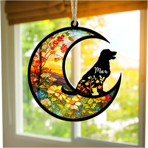 Nazenti Dog Memorial Suncatcher, Personalized Name Dog Breeds Suncatcher, Loss of Pet Sympathy Gift, Stained Glass Light Catcher, Ornament Hang for Pet Christmas Tree, Xmas Gifts