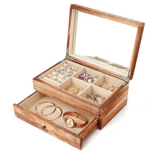 Meangood Jewelry Box Organizer for Women, 2 Layer Large Jewelry Storage Case, Rustic Wooden Jewelry Box with Mirror & Ring Tray for Necklace Earring Bracelets Rings, Vintage Style (Torched Wood)