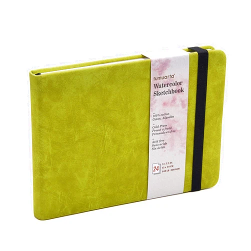 tumuarta Watercolor Sketchbook, 5x7.5, 140 LB, 300 GSM, 100% Cotton Paper, Cold Press, 24 Sheets, 48 Pages, Watercolor Journal for Use As Travel Sketch Book and Mixed Media Pad On The Go.5x7.5 Green