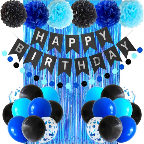 ANSOMO Blue and Black Happy Birthday Party Decorations for Boys Men Banner Balloons Navy Royal Light Blue Pom Poms Foil Curtain Décor Supplies 13th 16th 18th 20th 30th 40th 50th 60th 70th 80th