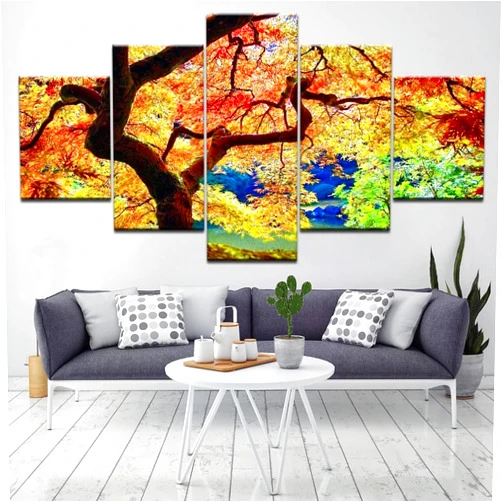 ASATTI 5 Piece Canvas Wall Art For Living Room Beautiful Japanese Maple Sunshine Nature Landscape HD Painting For Modern Home Decor The Room Stretched And Framed Ready To Hang Artwork