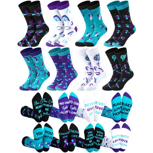 Yearntown 8 Pairs Suicide Prevention Awareness Socks for Women Men Novelty Teal Ribbon Pattern Crew Good Cause Socks National Suicide Prevention Month Accessories Gifts