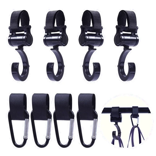 Gpupved 8pcs Stroller Hook Stroller Bag Hook 2 Kinds Mommy Buggy Clips Black 360 Degree Rotating Pram Shopping Hooks Stroller Hanger Hook for Diaper Bag Pushchair Stroller Purse Groceries