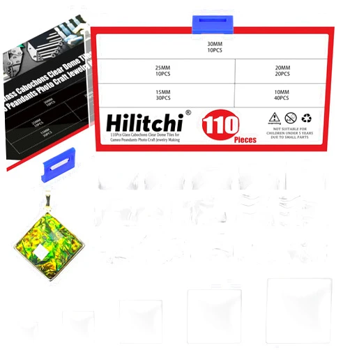 Hilitchi 110PCS 5 Sizes Square Shaped Glass Dome Tiles Assortment Kits 10MM 15MM 20MM 25MM 30MM Transparent Glass Dome Cabochons Flat Glass Bead Cabochon Tile for DIY Jewelry Photo Pendant Making