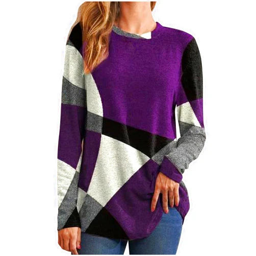 VOGFFR Fall Tops for Women 2024 Color Block Long Sleeve Pullover Top Lightweight Flannel Shirt Super Soft Crew Neck T Shirts