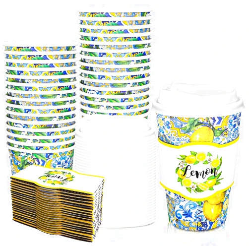 Whaline 50 Set Lemon Disposable Coffee Cups with Lids 16oz Blue White Tiles Yellow Lemon Paper Drinking Cups Sleeves To Go Hot Coffee Cups for Flower Tea Birthday Wedding Baby Shower Party Supplies