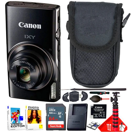 Canon PowerShot IXY 650 / ELPH 360 HS Compact Digital Camera 12x Optical Zoom (Black) Bundle with 64GB Memory Card + Camera Case + Card Reader + Spider Tripod + More (13pc Bundle) (Renewed)