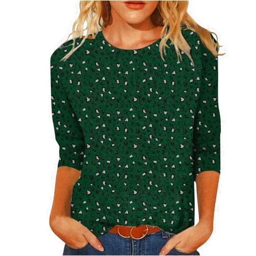 MINGE T Shirts for Women Summer Tops for Women 2023 Women's Round Neck 3/4 Sleeve Casual Floral Print Blouse