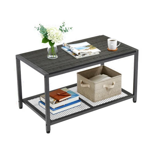 VINGLI Outdoor Coffee Table with Double-Layer Storage, Rectangle Weather-Resistant Patio Coffee Table for Garden, Balcony, Hot Tub, Poolside, Heavy-Duty Metal Frame, Black Modern Design