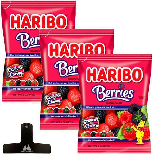 Mighty Merchandise Haribo Berries Gummies Candy - 5 oz Bags (Pack of 3) - Gourmet Fruity Gummy Flavors - With Mighty Merchandise Bag Clip