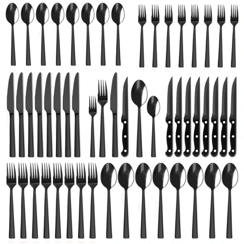 HaWare Black Silverware Set with Steak Knives, 48-Piece Stainless Steel Square Flatware Set for 8, Tableware Cutlery Set Includes Knives/Forks/Spoons, Modern & Elegant Design, Mirror Polished