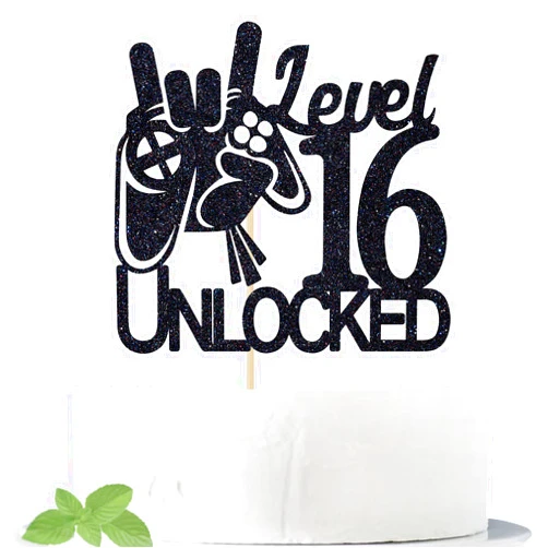 Cos mos Level 16 Unlocked Game Birthday Cake Topper - Boy's 16th Birthday Cake Decorations - Sweet 16 - Video Game Theme Cake Topper - Level Up Winner Party Decoration Supplies, Black Glitter