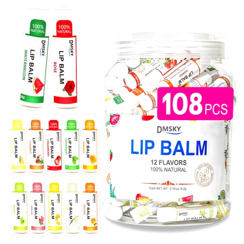 DMSKY Lip Balm Bulk 108 Pack, Lip Balm Hydrating with Vitamin E and Coconut Oil 12 Flavors, Lip Moisturizer Treatment - Party Favors Bulk Gift