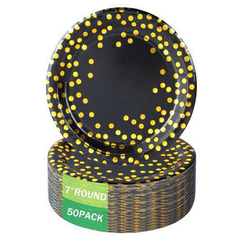 Qonimi 50 Pcs Black and Gold Paper Plates 7 Inches Gold Foil Dot Disposable Dessert Party Paper Plates Party Supplies for Birthday Graduation Wedding Holiday Christmas