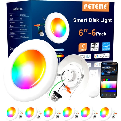 Peteme Smart Led Disk Lights, Smart Flush Mount Ceiling Lights 5/6 Inch, RGBWW Color Changing Dimmable Recessed Light, IC Rated ETL Certified, Compatible with Alexa/Google, Sync to Music,1150LM, 6Pack