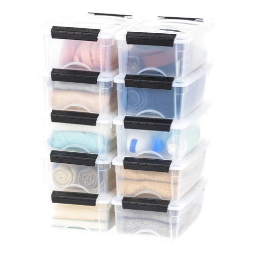 IRIS USA 6 Qt Stackable Plastic Storage Bins with Lids, 10 Pack - BPA-Free, Made in USA - See-Through Organizing Solution, Latches, Durable Nestable Containers, Secure Pull Handle - Clear/Black