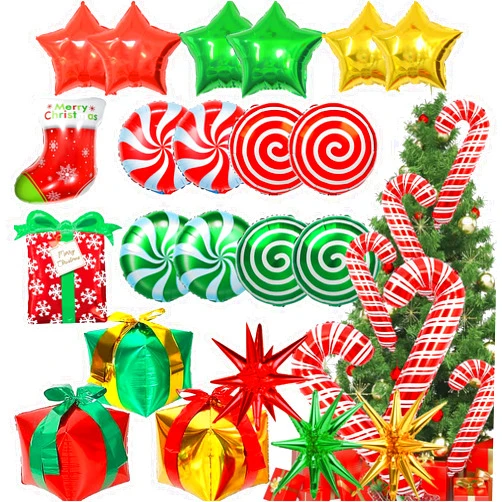 Bonropin Christmas Foil Balloons Decorations, Large Christmas Candy Cane Swirl Mylar Stocking Explosion Star Gift Box Balloons, Red Green Balloons for Birthday and Candies Xmas Theme Party Decor