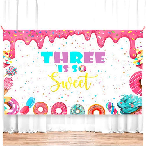XuanflyF Donut Sweet Three Birthday Party Decoration for Girls Donut Sweet 3rd Birthday Party Banner Donut Sweet Birthday Party Backdrop Background Happy 3rd Birthday Party Decoration Photo Baby Shower(Three)