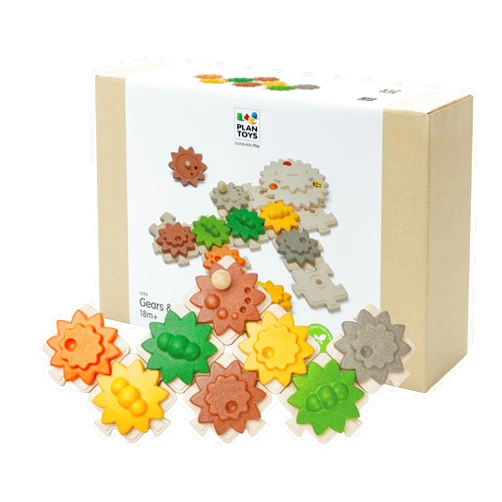 PlanToys® Wooden Gears & Puzzles Set | Montessori STEM Educational Toy | Wooden Gear Building Puzzle for Logical Thinking, Fine Motor Skills & Cause and Effect Learning