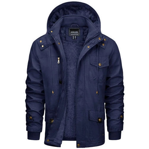 CRYSULLY Men's Winter Jacket Cotton Military Jackets Fleece Lined Thick Warm Cargo Coats Multi-Pocket Outwear with Hooded