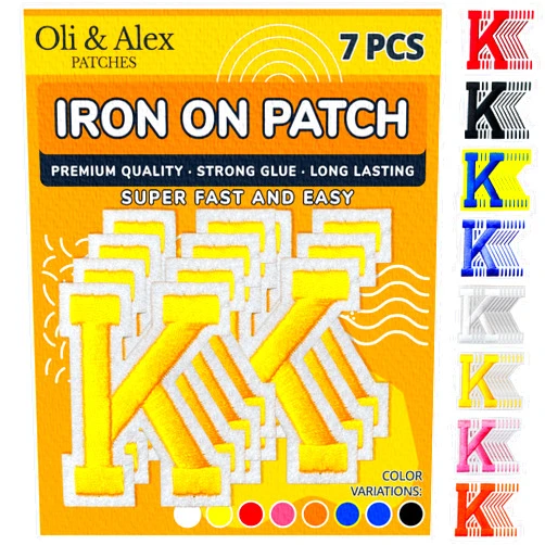 Oli and Alex Yellow Iron On Letters 2.4 inch - 7 pcs of K Yellow Patches Letters for Clothing - Super Glue - No sew Needed - Embroidery Football Team School University - Yellow, K