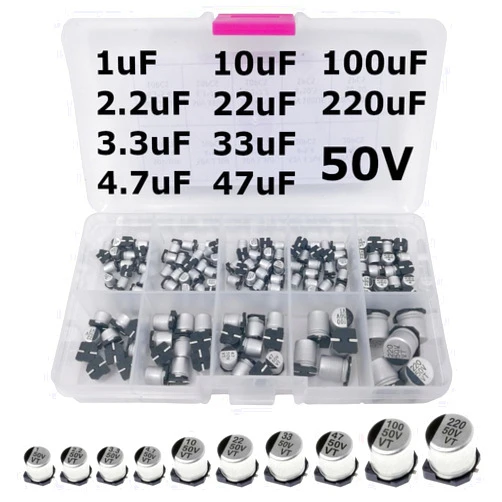 Interstellar Electronics SMD Aluminum Electrolytic Capacitor 50V Assortment: 1uF, 2.2uF, 3.3uF, 4.7uF. 10uF. 22uF, 33uF, 47uF, 100uF, 220uF