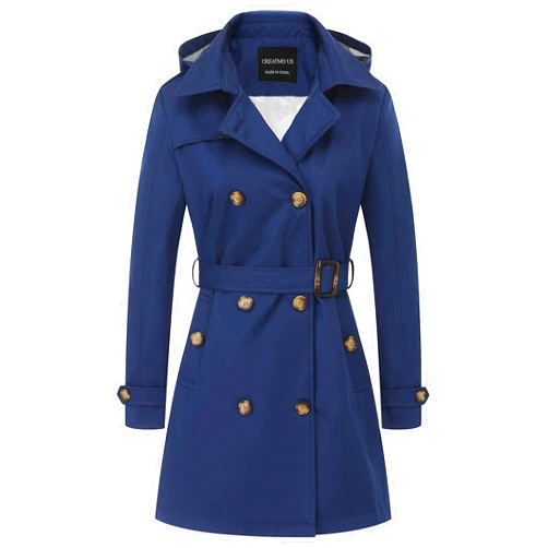 CREATMO US Women's Trench Coat Double-Breasted Classic Lapel Overcoat Belted Slim Outerwear Coat with Detachable Hood