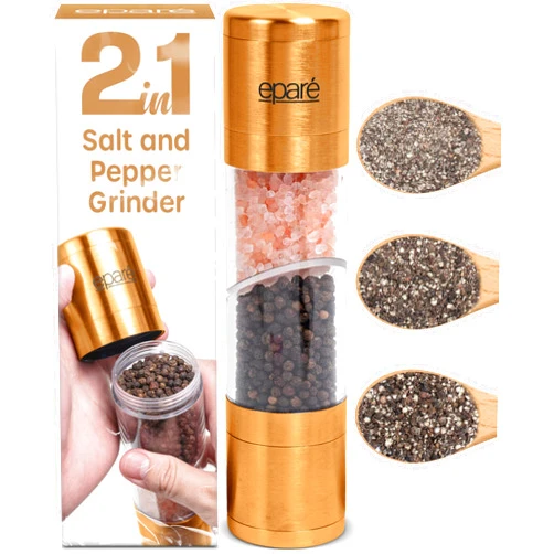 Eparé 2 in 1 Gold Salt and Pepper Grinder Combo - Brass All in One Dual Salt & Pepper Grinder Set in One for Kitchen - Manual Grinding Salt Pepper Mill Refillable - Stainless Steel