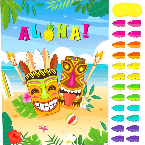 WERNNSAI Hawaiian Party Game - Pin The Feather on The Tiki Hawaiian Party Decorations Luau Pin Games for Kids 21’’ x 28’’ Aloha Poster with 24 Pcs Stickers for Summer Tropical Beach Pool Activities