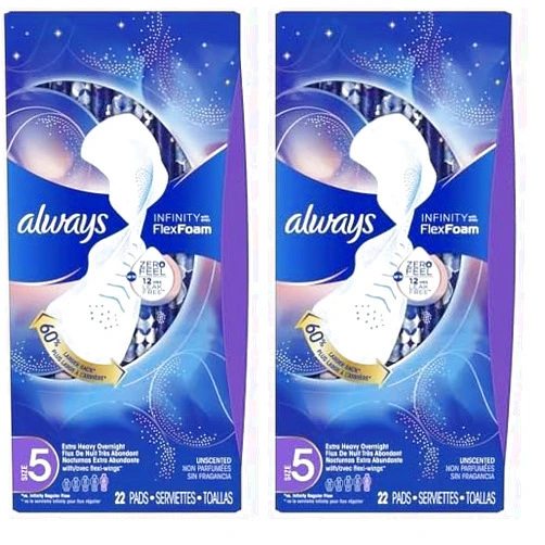 Always Infinity FlexFoam Pads for Women, Size 5, Extra Heavy Overnight Absorbency, Unscented, 22 Count (Pack of 2)