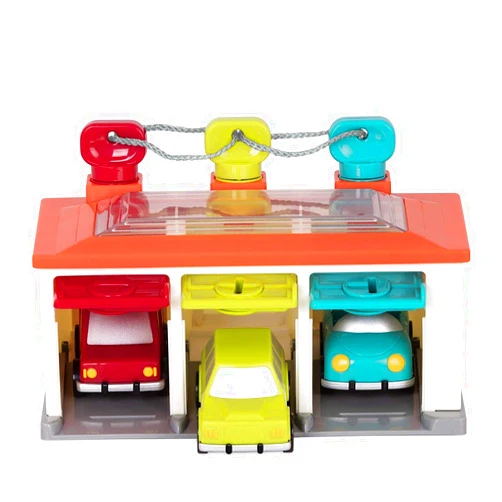 Battat – Car & Color Sorting Playset – Cause-And-Effect Toy – Push & Go Cars – Color-Coded Matching – 2 Years + – 3-Car Garage, Red