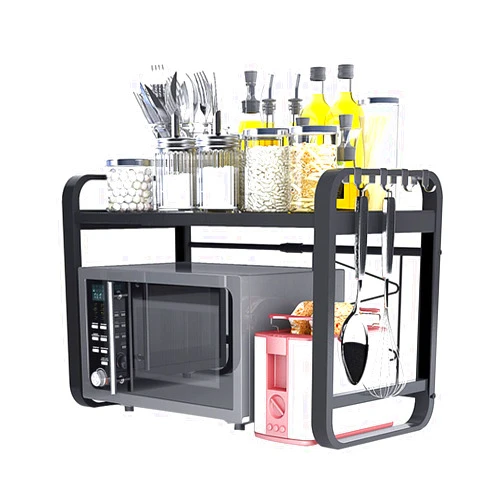 YOtat Microwave Storage Rack Expandable Carbon Steel Microwave Oven Rack Kitchen Countertop Storage Rack Kitchen Utensils Tableware Storage Counter Oven Bracket with 3 Hooks Stand/2Tier