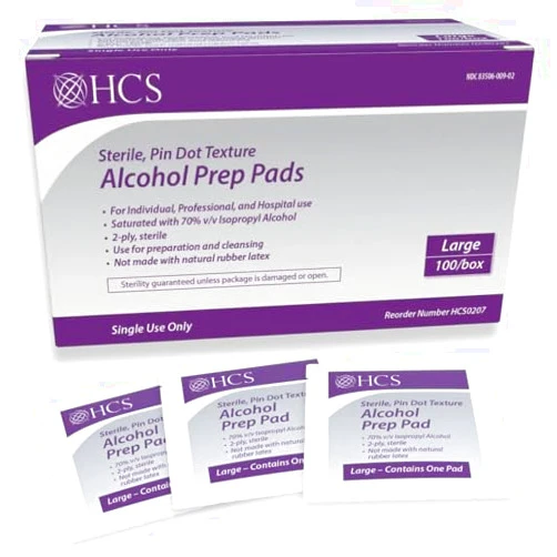 HCS MEDICAL SOLUTIONS HCS Large Alcohol Prep Pads - 70% Isopropyl Alcohol Wipes, Individually Wrapped - 2 Ply, Textured Skin Prep Swabs - Sterile Pads (100/Box, Large)