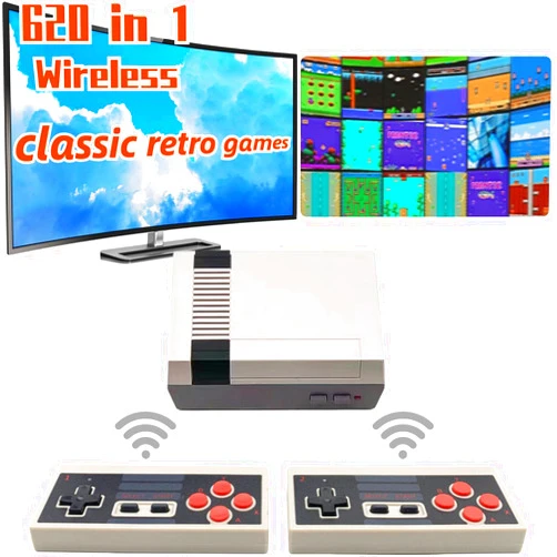 Generic Classic Retro Game Console Built- in 620 Video Games,AV Output Handheld Game System with Dual Wireless Controllers,Plug and Play Game Console for TV. (grey)