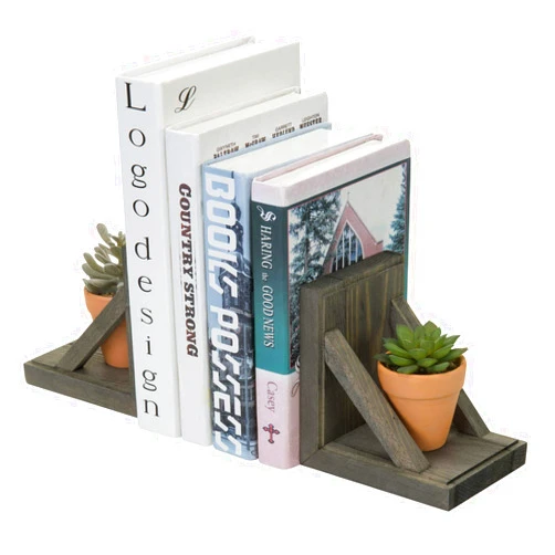 MyGift Vintage Gray Wood Decorative Bookends with Brass Metal Book Supports, Office Desk Wooden Bookend Book Stand, 2 Piece Set