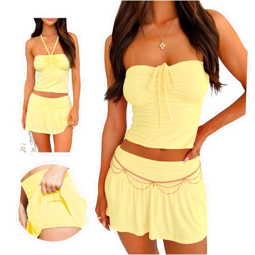 Hafailia Summer Two Piece Outfits for Women Y2K Going Out Tie Ruched Tube Crop Tops Low Rise Pleated Mini Skort Skirt Sets