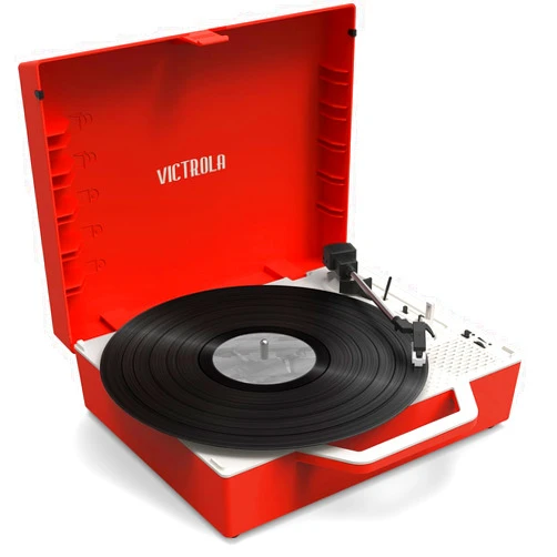 Victrola Re-Spin Sustainable Suitcase Vinyl Record Player, 3-Speed (33 1/3, 45 & 78 RPM), Belt-Driven Bluetooth Turn Table with Built-in Bass Radiator, 3.5mm Headphone Jack, Red