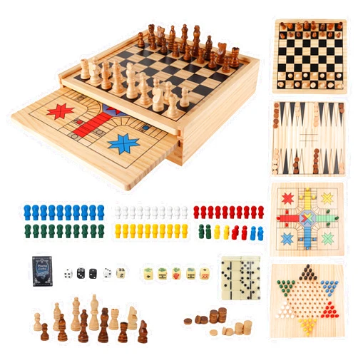GSE Games & Sports Expert Wooden 9-in-1 Chess, Checkers, Backgammon, Dominoes, Chinese Checkers, Tic-Tac-Toe, Ludo, Playing Cards & Poker Dice Game Combo Set