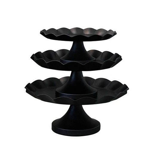 ATRDTO Set of 3 Pcs Wave Rim Cake Stands Iron Cake Holder Dessert Display Plate Serving Tray for Baby Shower Wedding Birthday Party (Black)