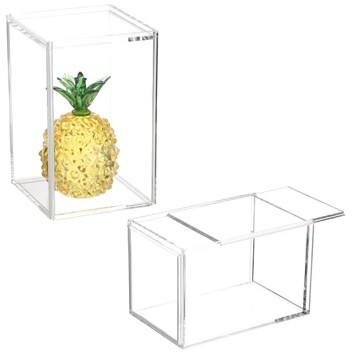 JUXYES Pack of 2 Clear Display Case for Mini Action Figures, Acrylic Display Case Box with Sliding Door, Stackable Display Case Cube Small Showcase Free Standing Dustproof Collectibles Protection Box