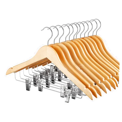 HOUSE DAY 12 Pack High-Grade Wooden Suit Hangers Skirt Hangers with Clips Solid Wood Pants Hangers Natural Smooth Finish Premium Wood Hangers with Durable Metal Clips for Blouse, Dress, Coat, Jacket
