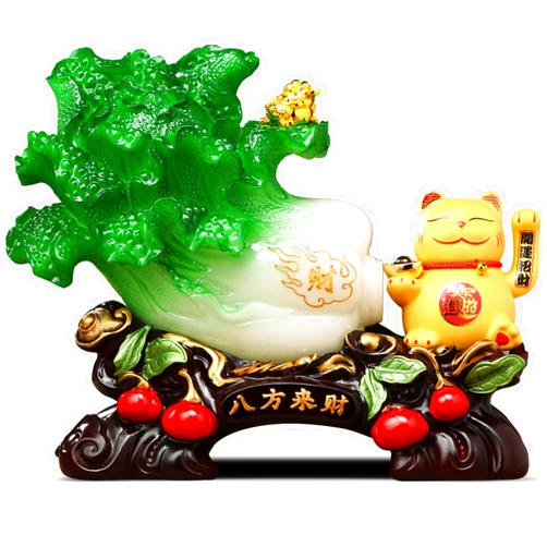 Aris & Juno 11.81'' Feng Shui Wealth Statue, Automatic Waving Lucky Cat with Jade Cabbage & Money Frog Decor, Feng Shui Decor with Resin & Ceramic Fortune Figurine for Office/Home Decor (S)