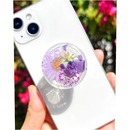 Petitepop Pressed Violet Flowers Mobile Phone Grip,Handmade Dried Flowers Clear Phone Stand, Expanding Cell Phone Charms Accessory, Interchangeable Kickstand, Collapsible Handle Holder for Kindle